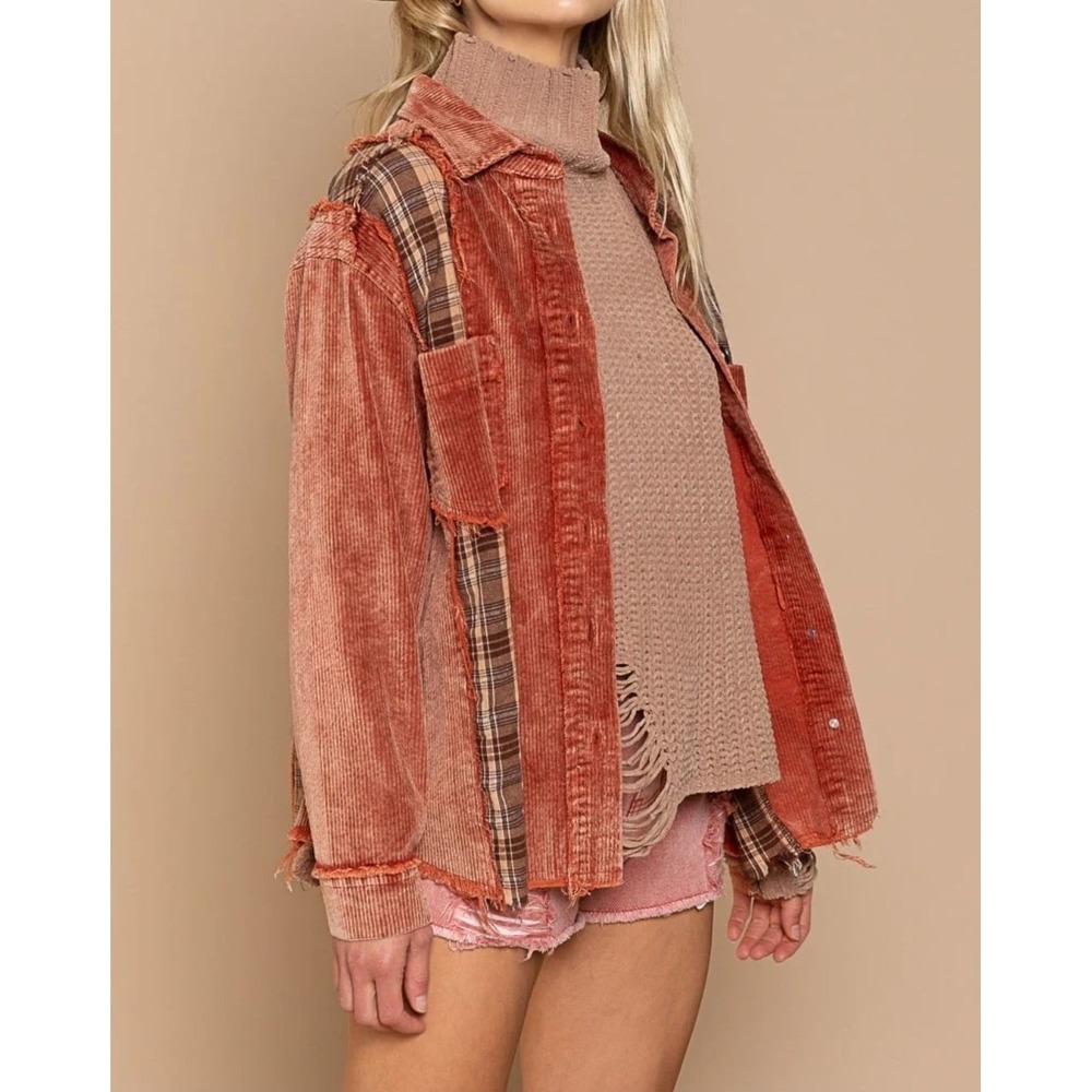POL Corduroy Plaid Patchwork Shacket Womens M Burnt Sienna Western Festival